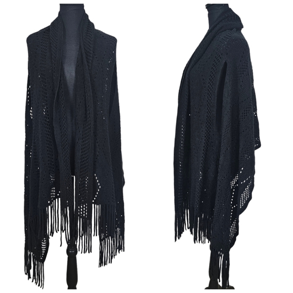 Sapphire Black Open Front Draped Sleeveless Shrug With Fringe Detail OS Plus